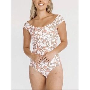 NEW Lime Ricki Peony Cap Sleeve One Piece Swimsuit Orange & White Women's Large